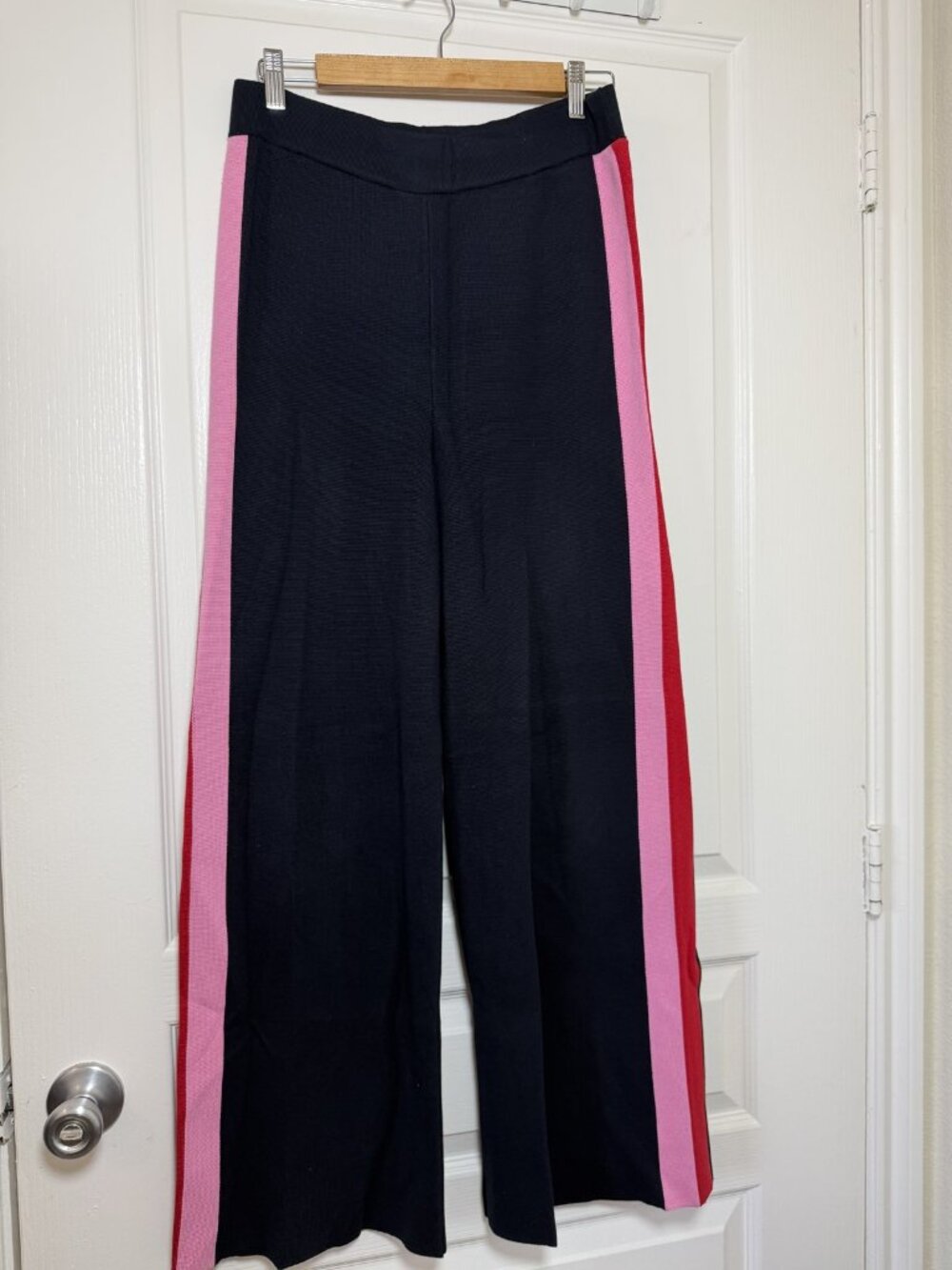 Maeve Side Stripe Sweater Knit Wide Leg Pants Navy Pink Red Pull On S